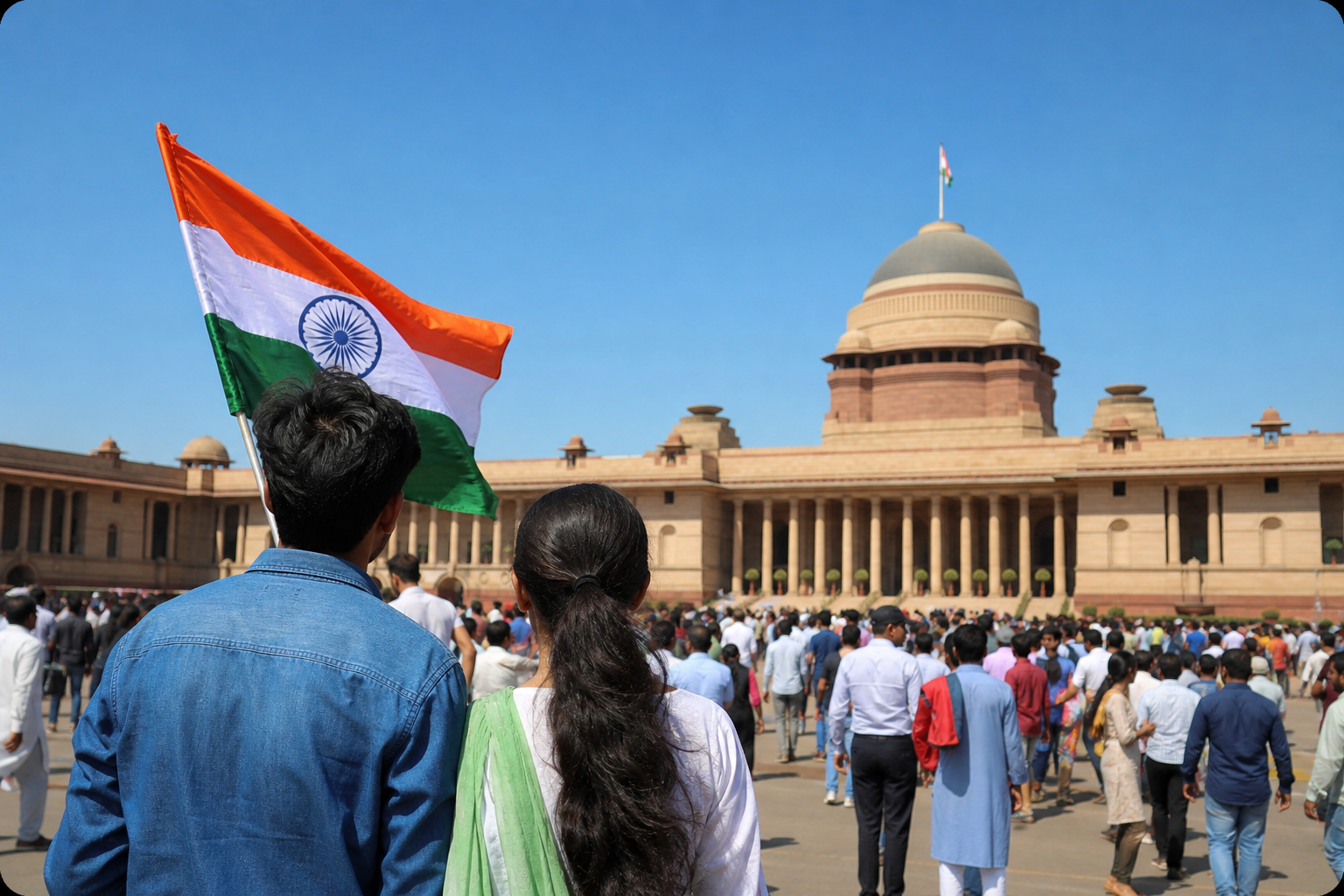 Citizens looking toward India’s democratic institutions with the national flag