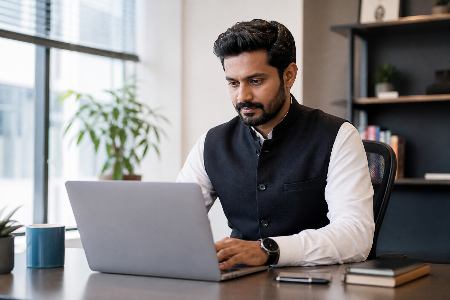 Representative reviewing constituency insights on a laptop