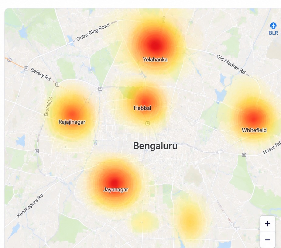 Illustrative Bengaluru issue heatmap highlighting Yelahanka, Hebbal, Rajajinagar, Whitefield and Jayanagar