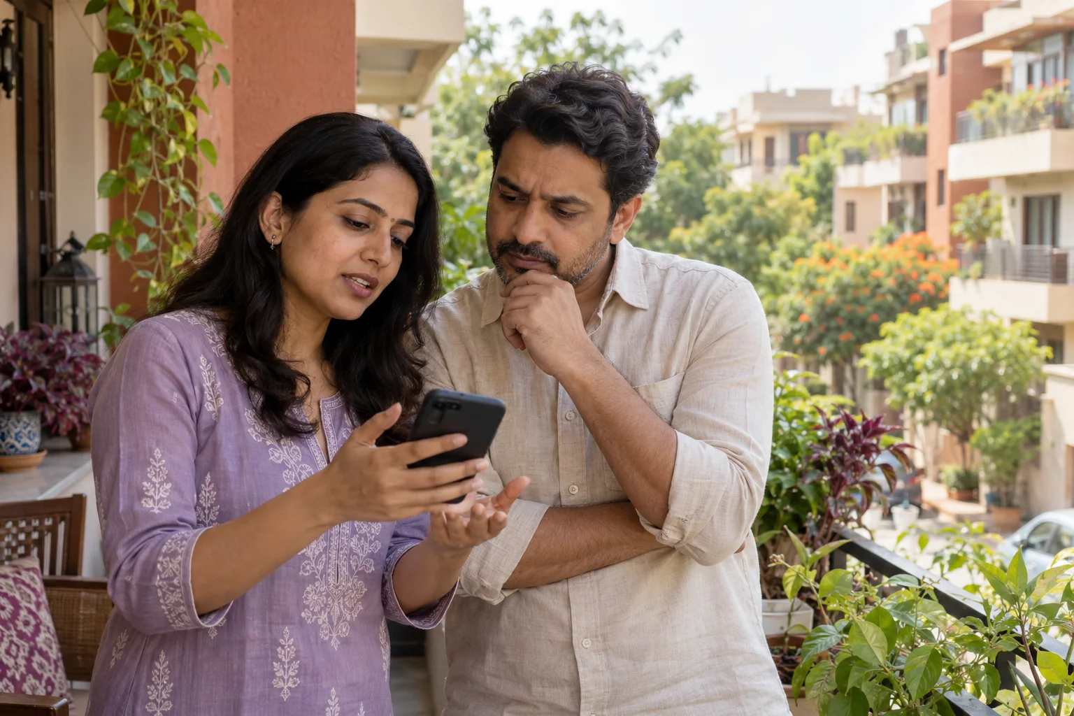 Illustrative scene of two Indian neighbours discussing something on a smartphone