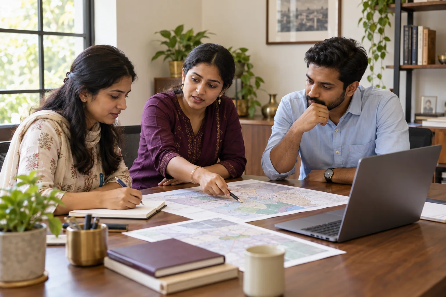 Illustrative constituency team planning local work with a map, notebook and laptop